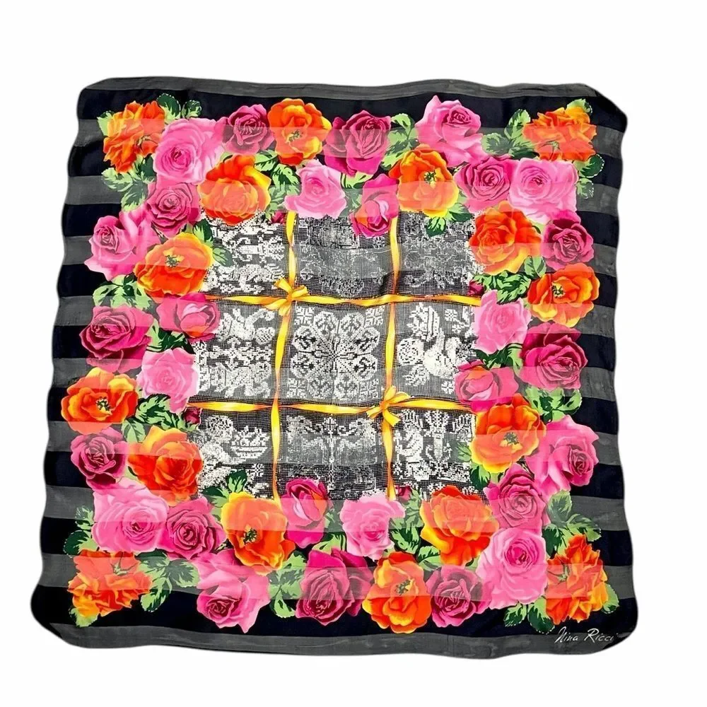 Vintage Nina Ricci Silk Scarf Black with Roses Floral and Lace Print 34x34